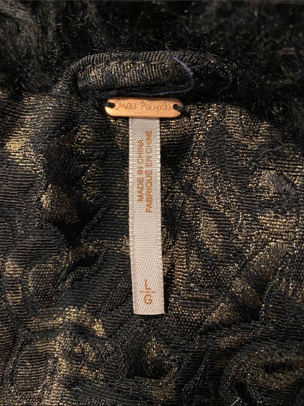 Free People Black Brocade Pea Coat with Faux Fur Collar and Metallic Shimmer - Picture 2 of 5